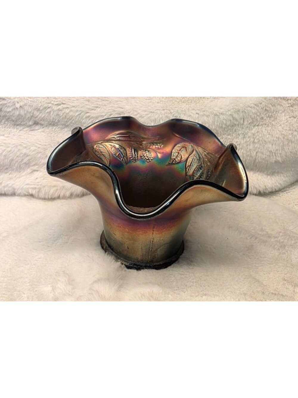 Vintage Fenton Art Carnival Glass Wavy Edge Blackberry Spray Hat Dish Vase